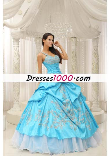 Aqua One Shoulder Appliques Quinceanera Dress Pick Ups
