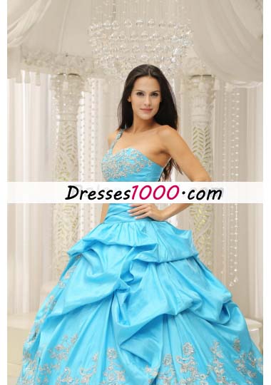 Aqua One Shoulder Appliques Quinceanera Dress Pick Ups