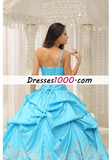 Aqua One Shoulder Appliques Quinceanera Dress Pick Ups
