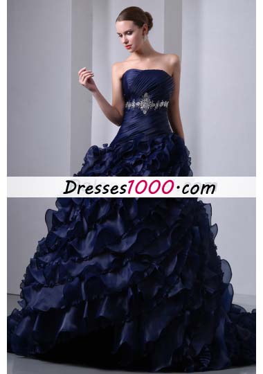 Navy Blue Ruffles Brush Train Beading Quinceanea Dress