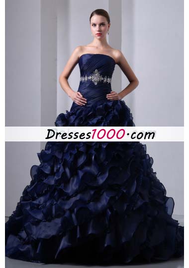 Navy Blue Ruffles Brush Train Beading Quinceanea Dress