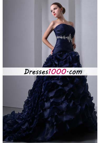 Navy Blue Ruffles Brush Train Beading Quinceanea Dress