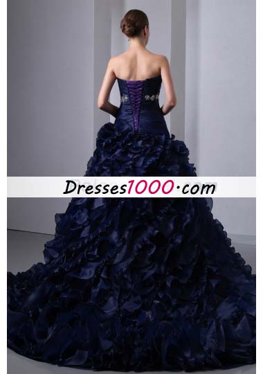 Navy Blue Ruffles Brush Train Beading Quinceanea Dress