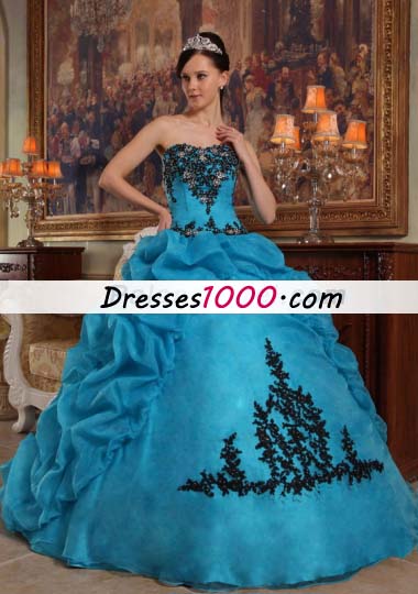 Teal Pick-ups Quinceanera Dress Organza Beading Strapless