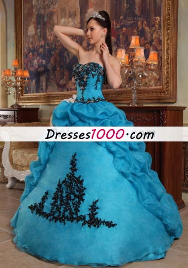 Teal Pick-ups Quinceanera Dress Organza Beading Strapless