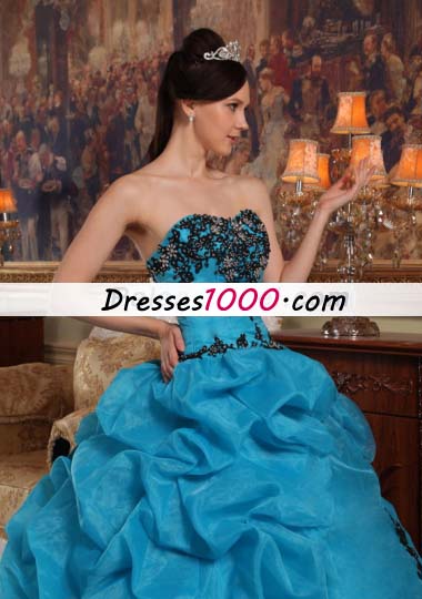 Teal Pick-ups Quinceanera Dress Organza Beading Strapless