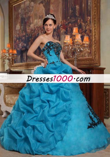 Teal Pick-ups Quinceanera Dress Organza Beading Strapless
