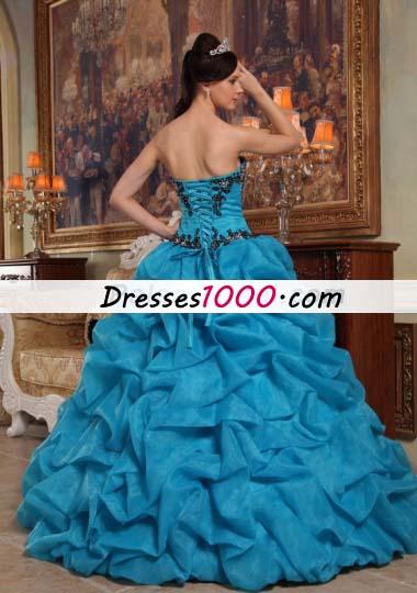 Teal Pick-ups Quinceanera Dress Organza Beading Strapless