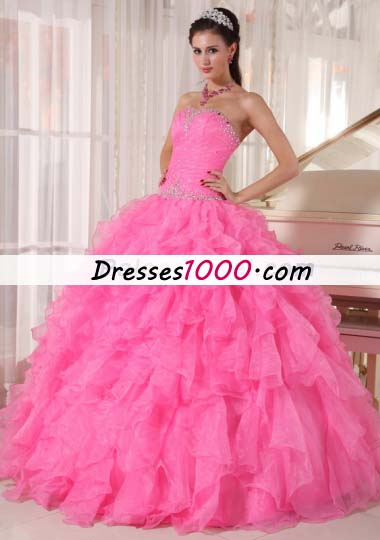 Pink Quinceanera Dress Beading Pleats Ruffles Over