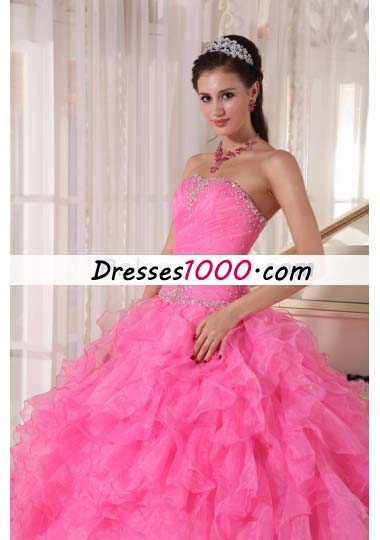 Pink Quinceanera Dress Beading Pleats Ruffles Over