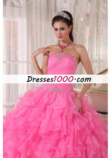 Pink Quinceanera Dress Beading Pleats Ruffles Over