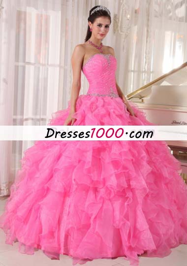 Pink Quinceanera Dress Beading Pleats Ruffles Over