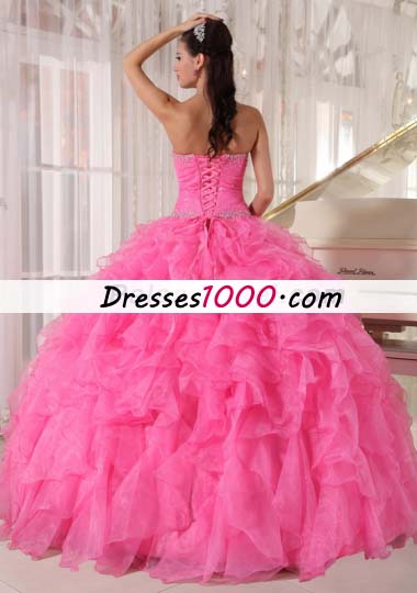 Pink Quinceanera Dress Beading Pleats Ruffles Over