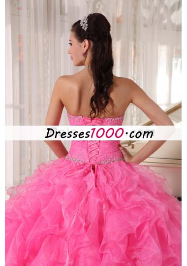 Pink Quinceanera Dress Beading Pleats Ruffles Over