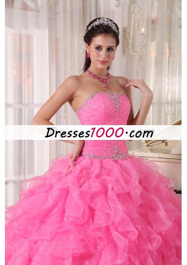 Pink Quinceanera Dress Beading Pleats Ruffles Over