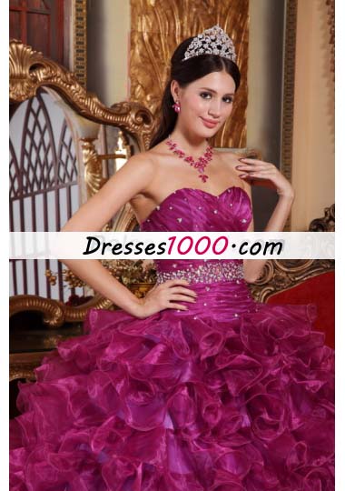 Fuchsia Beading Quinceanera Dress With Ruffles
