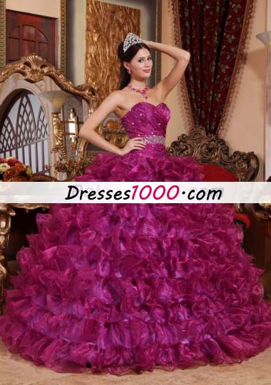 Fuchsia Beading Quinceanera Dress With Ruffles