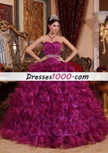 Fuchsia Beading Quinceanera Dress With Ruffles