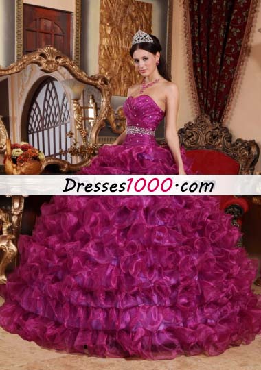 Fuchsia Beading Quinceanera Dress With Ruffles
