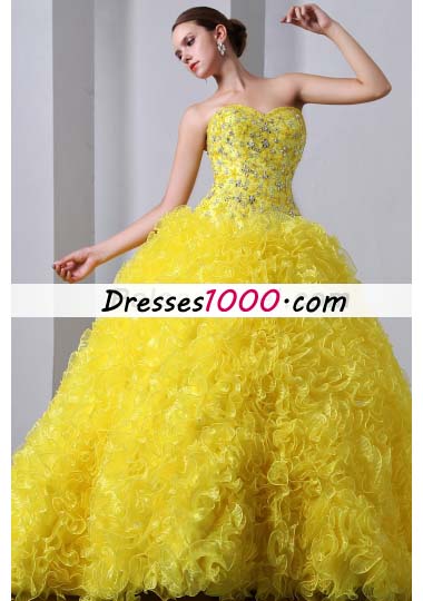 Sweet 15 Dresses Yellow A-Line Brush Beading Ruffles