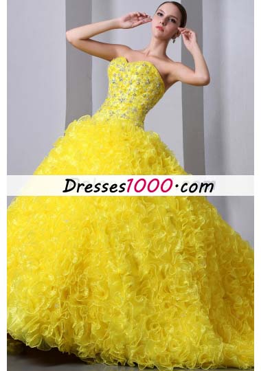 Sweet 15 Dresses Yellow A-Line Brush Beading Ruffles