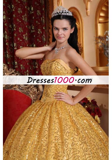 Gold Ball Gown Quinceanera Dress Sequins Over