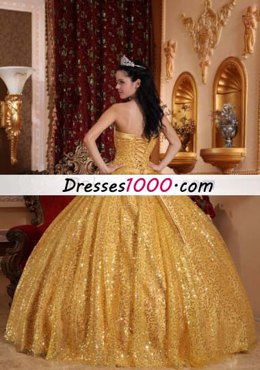 Gold Ball Gown Quinceanera Dress Sequins Over