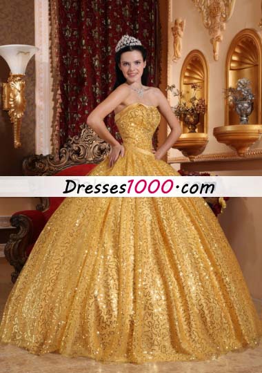 Gold Ball Gown Quinceanera Dress Sequins Over
