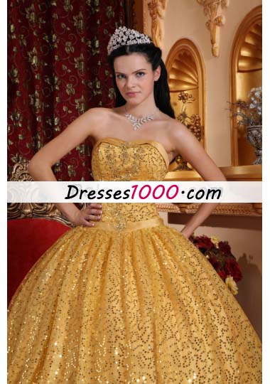 Gold Ball Gown Quinceanera Dress Sequins Over