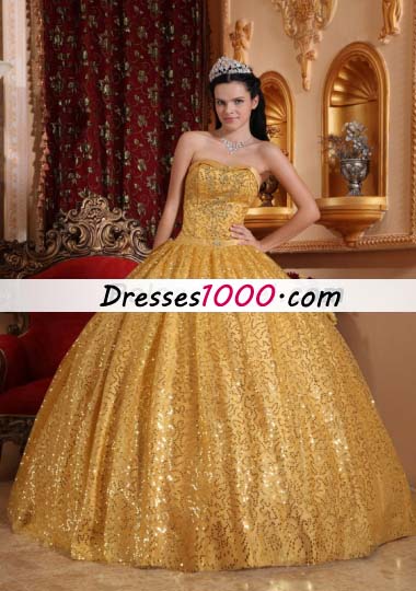 Gold Ball Gown Quinceanera Dress Sequins Over