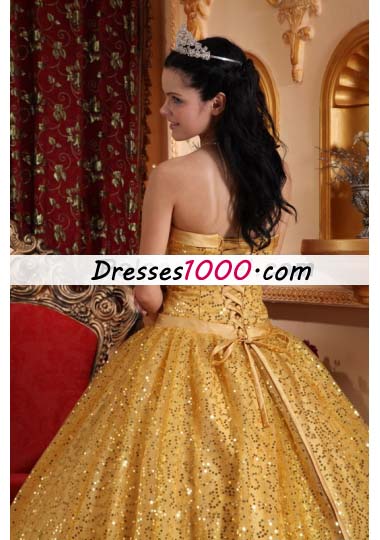 Gold Ball Gown Quinceanera Dress Sequins Over