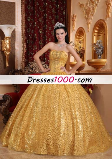 Gold Ball Gown Quinceanera Dress Sequins Over