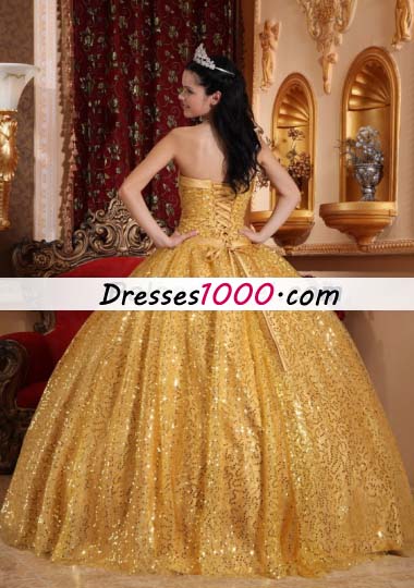 Gold Ball Gown Quinceanera Dress Sequins Over