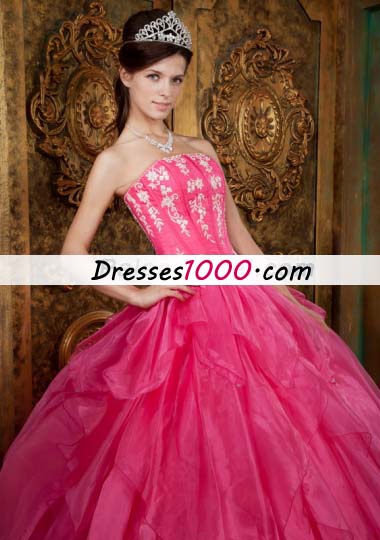 Ball Gown Appliques Organza Hot Pink Quinceanera Dress