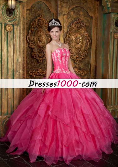 Ball Gown Appliques Organza Hot Pink Quinceanera Dress