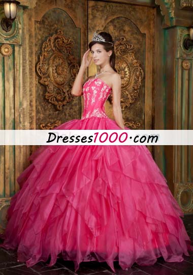 Ball Gown Appliques Organza Hot Pink Quinceanera Dress