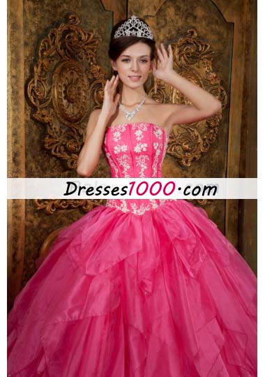Ball Gown Appliques Organza Hot Pink Quinceanera Dress