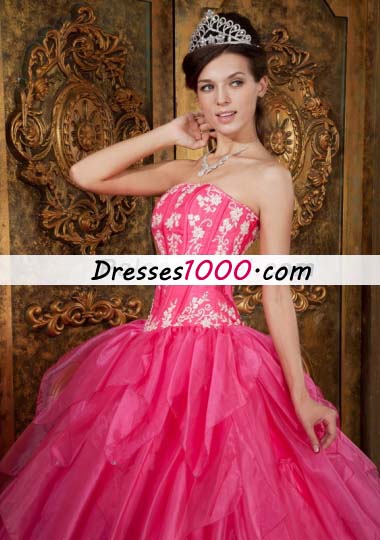 Ball Gown Appliques Organza Hot Pink Quinceanera Dress