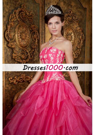 Ball Gown Appliques Organza Hot Pink Quinceanera Dress