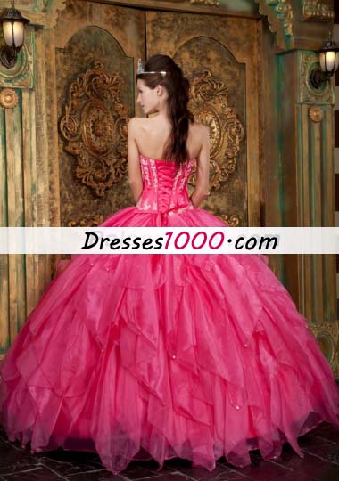 Ball Gown Appliques Organza Hot Pink Quinceanera Dress