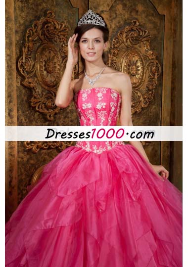 Ball Gown Appliques Organza Hot Pink Quinceanera Dress