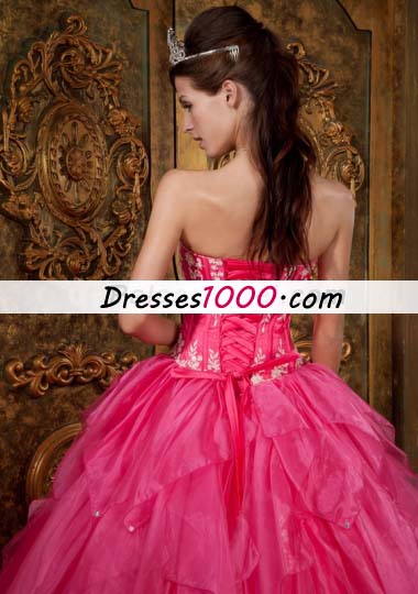 Ball Gown Appliques Organza Hot Pink Quinceanera Dress