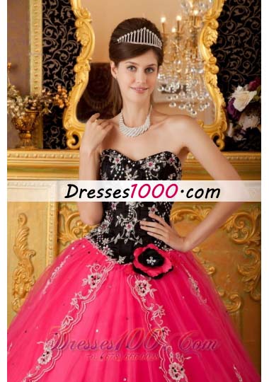 Hot Pink and Black Quinceanera Dress Embroidery Ball Gown