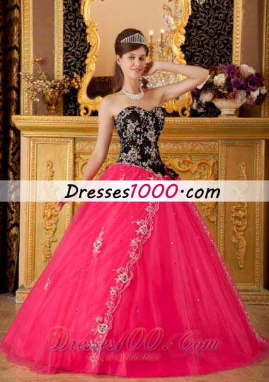 Hot Pink and Black Quinceanera Dress Embroidery Ball Gown