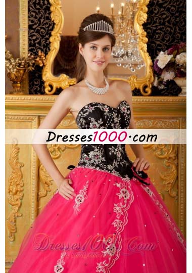 Hot Pink and Black Quinceanera Dress Embroidery Ball Gown