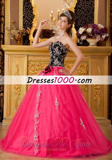 Hot Pink and Black Quinceanera Dress Embroidery Ball Gown