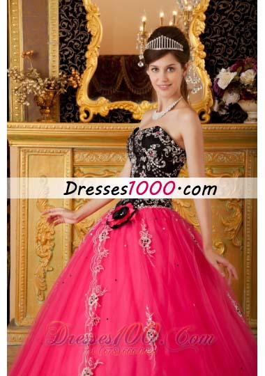 Hot Pink and Black Quinceanera Dress Embroidery Ball Gown