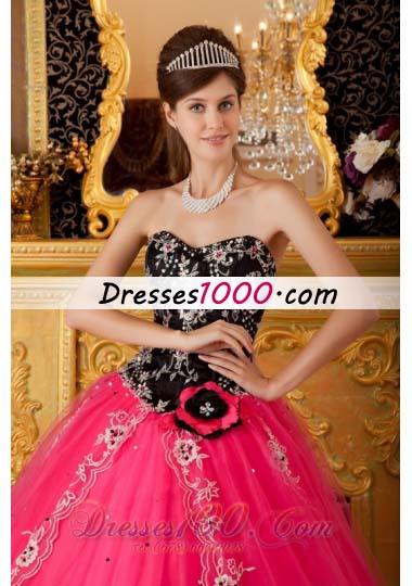 Hot Pink and Black Quinceanera Dress Embroidery Ball Gown