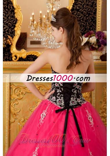 Hot Pink and Black Quinceanera Dress Embroidery Ball Gown
