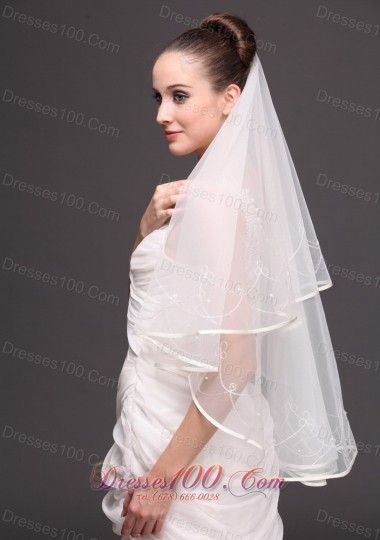 One-tier Ribbon Edge Organza Bridal Veil Embroidery